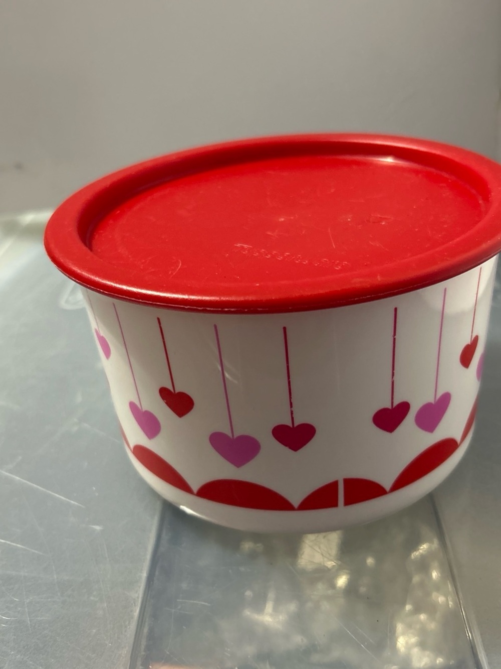 Tupperware White Container with Red Lid and Pink Heart Design